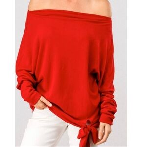 Red Off Shoulder Sweater with Bow Detail